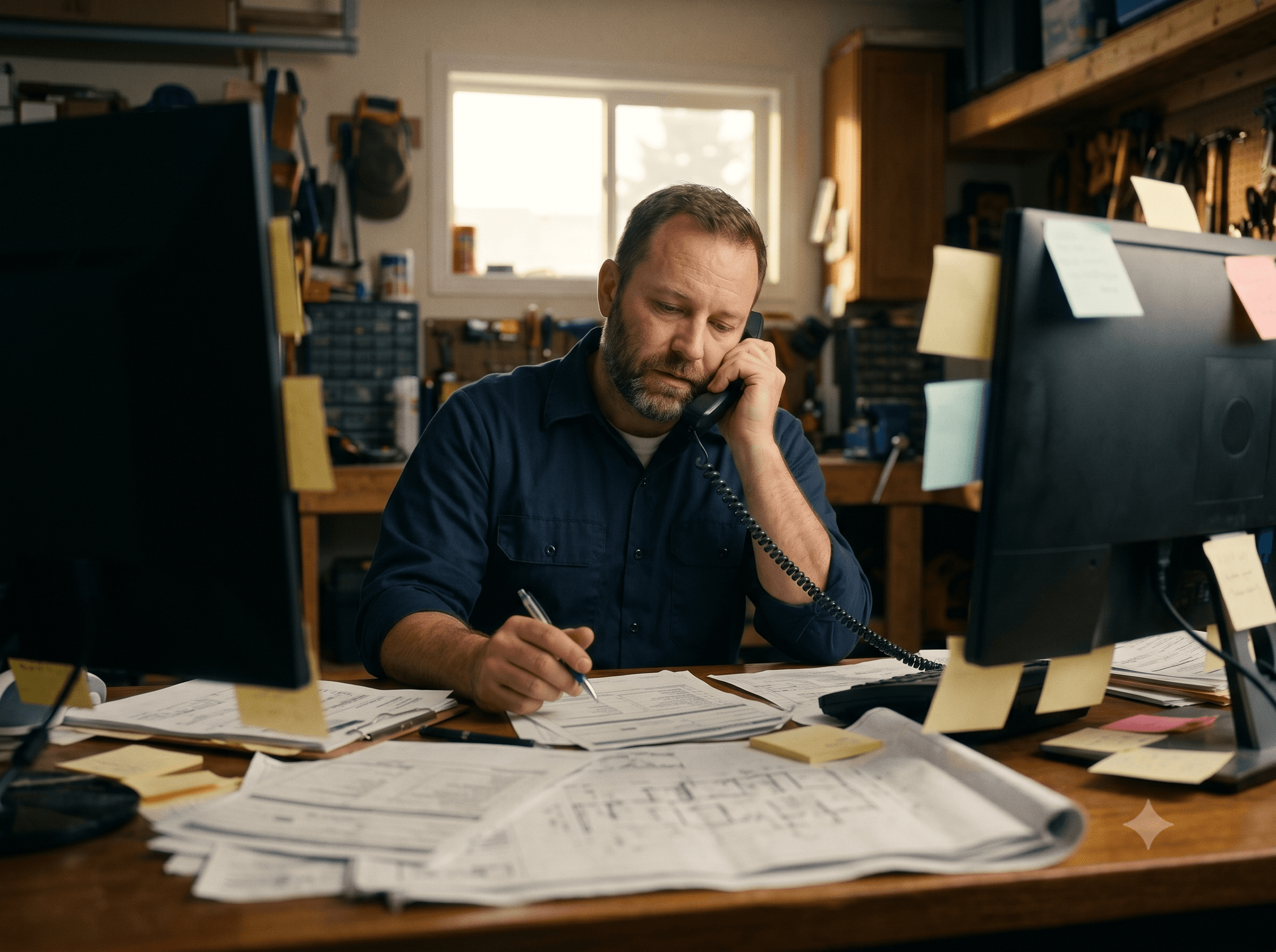 A tradesperson buried in paperwork and sticky notes, on the phone, doing admin by hand.