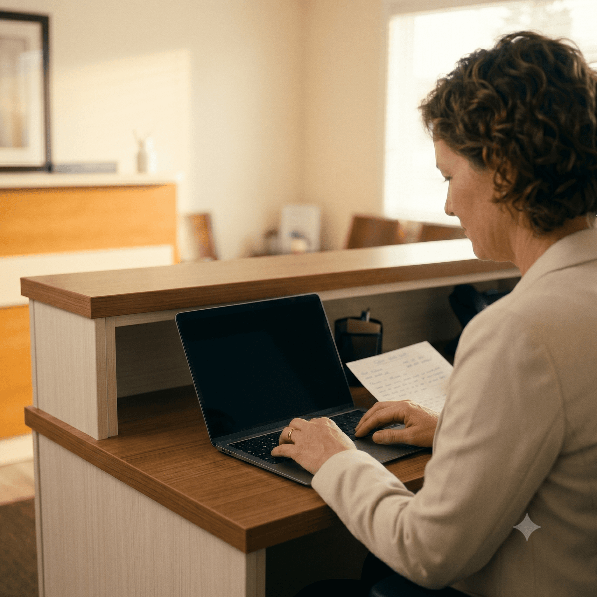 The owner of a small consultancy at a calm reception desk, working at her laptop.
