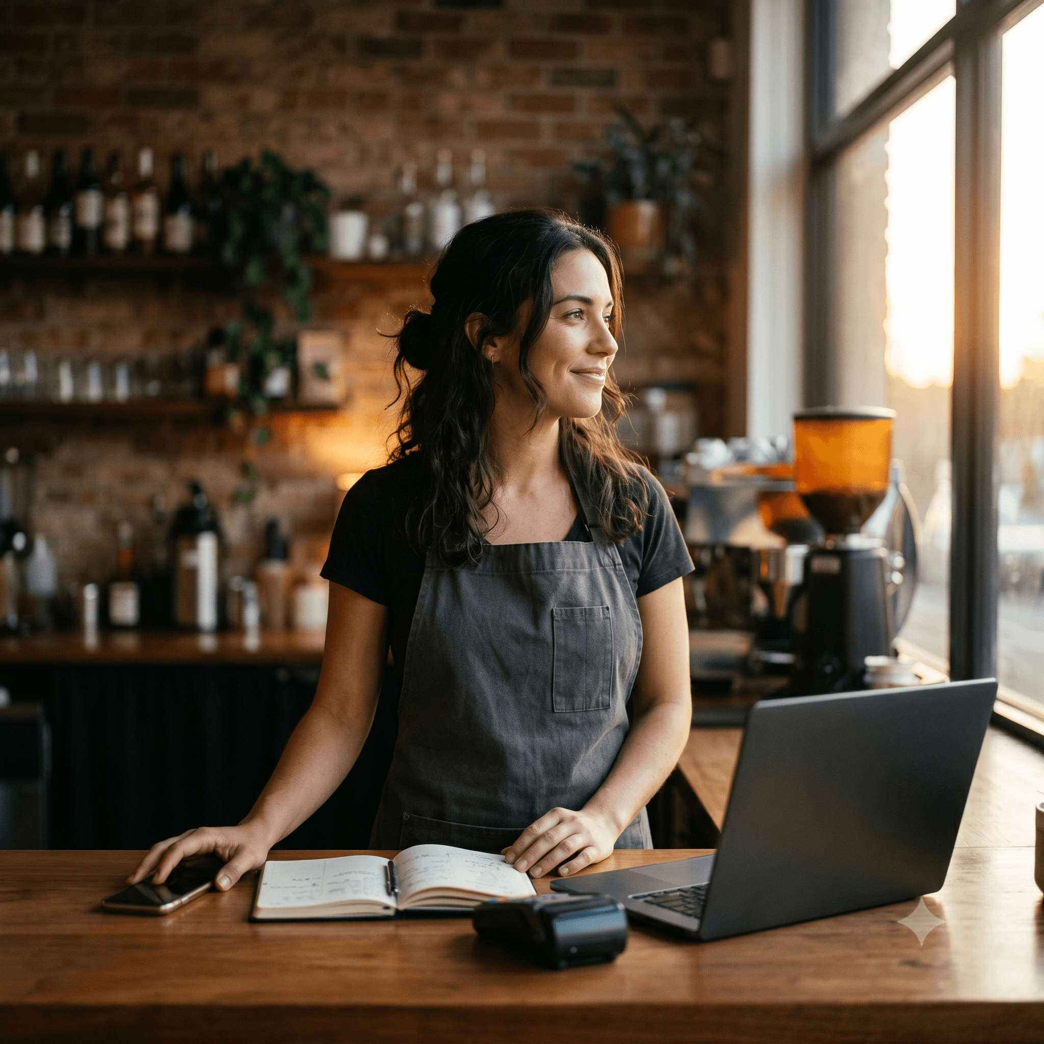 A cafe owner behind the counter at golden hour, laptop and card reader beside her.